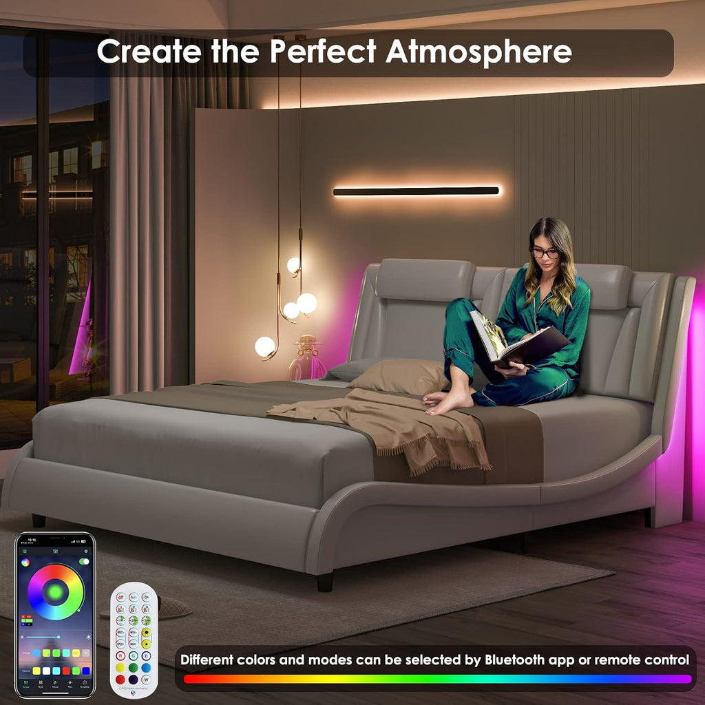 Keyluv Queen Size LED Bed Frame with Adjustable Headboard & Removable Pillow, PU Leather Upholstered Platform Bed, Wave-Like Curve Safety Design, Solid Wooden Slats Support, Easy Assembly, White