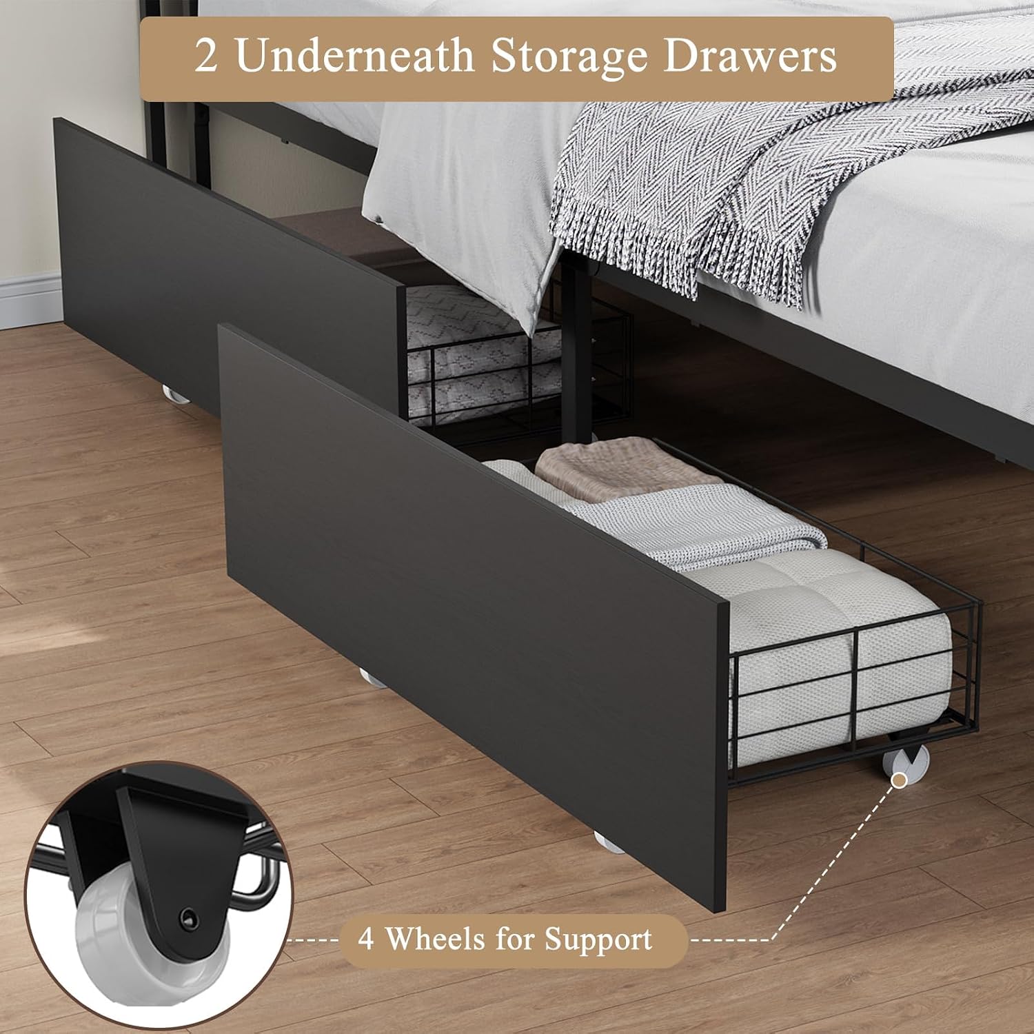 Corner Full Bed Frame with Storage Bookcase and Foldable Desktop, Black Full Size U-Shaped Metal Corner Bed Platform for Teenagers & Kids, Daybed with Charging Station & 2 Storage Drawers for Bedroom