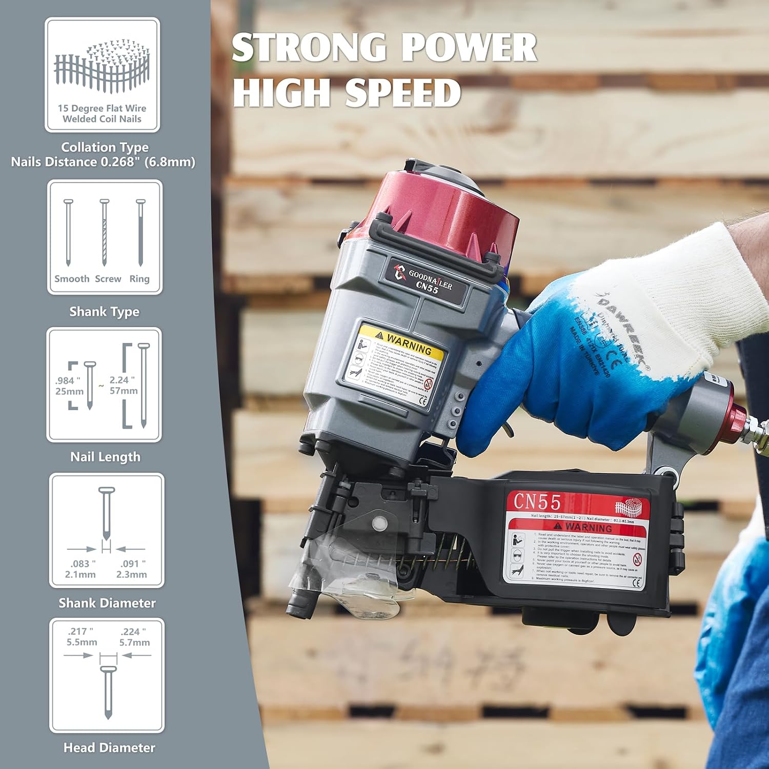 CN55 Siding Nailer 15 Degree 1 Inch To 2-1/4-Inch Coil Siding Nailer Fast Shooting for Wooden Pallet Packing Wood Fencing