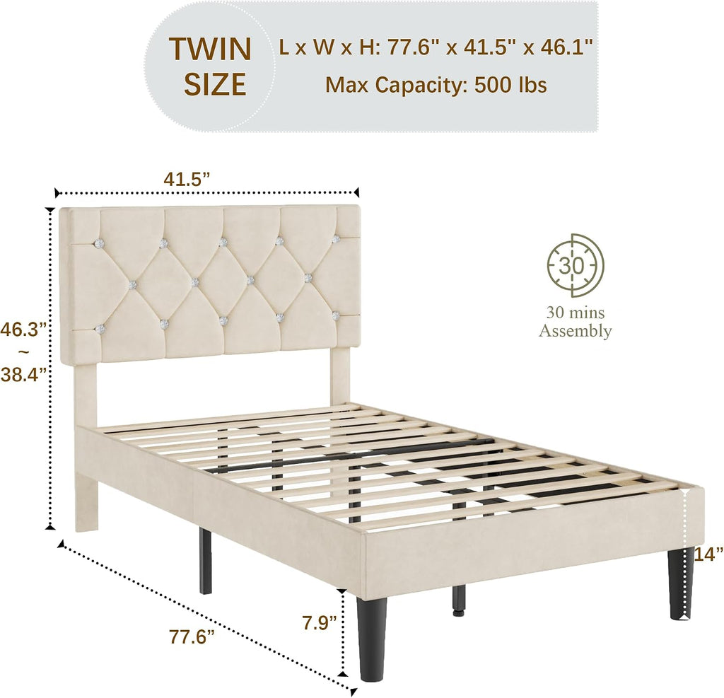 VECELO Twin Size Bed Frame, Upholstered Platform with Adjustable Diamond Tufted Headboard, Wood Slat Support, No Box Spring Needed, Pala Beige