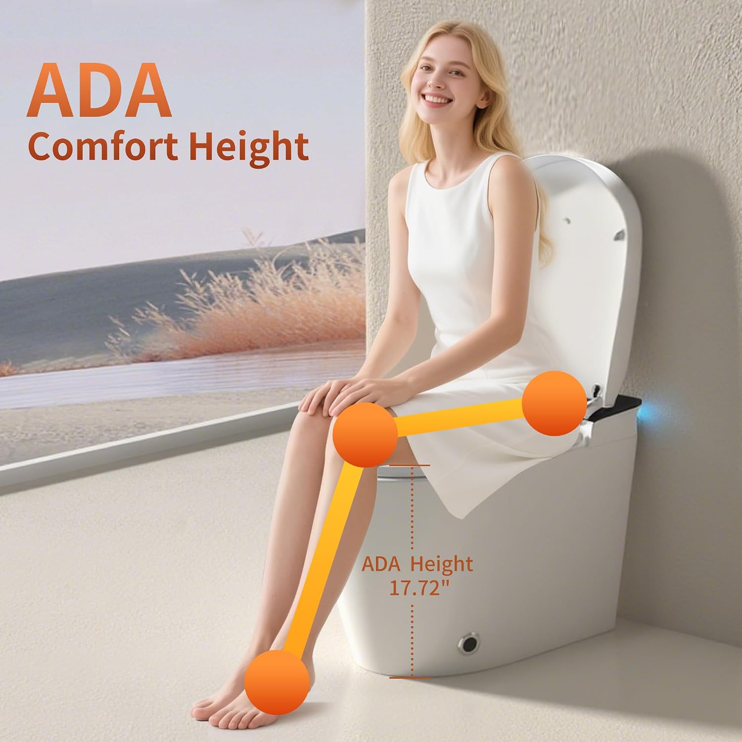Smart Bidet Toilet Heated Seat, ADA Chair Height, Built-in Foam Sheild, AUTO Dual Flush, Auto Open & Close, Movement Drying, Temperature Adjustable, Night Light-White
