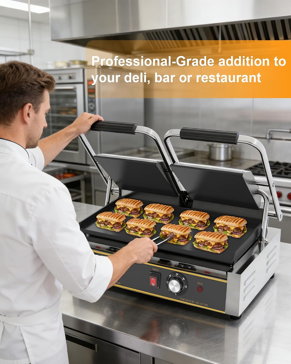 Commercial Panini Press - 3600W Double Sandwich Press, Stainless Steel Electric Panini Grill w/Dual Independent Temp Controls, 19'x9' Full Flat Smooth Cooking Pan for Hamburger Steak Bacon