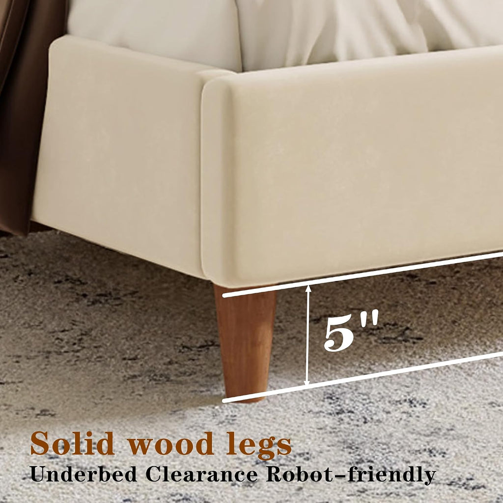 Queen Size Upholstered Platform Bed Frame, Modern Wingback Beds with Tall Headboard, Upholstered Bed Frames with Walnut Wooden Legs, No Box Spring Needed/Easy Assembly, Beige Velvet