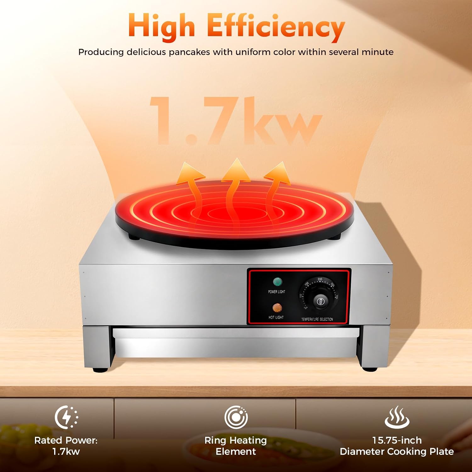 16 Inch 1700W Commercial Electric Crepe Maker Pancake Maker, Stainless Steel Non-stick Pan Griddle Machine, Adjustable 50-300℃ Mini Pancake Makers, for Kitchen, Snack Stall, Dessert Shop