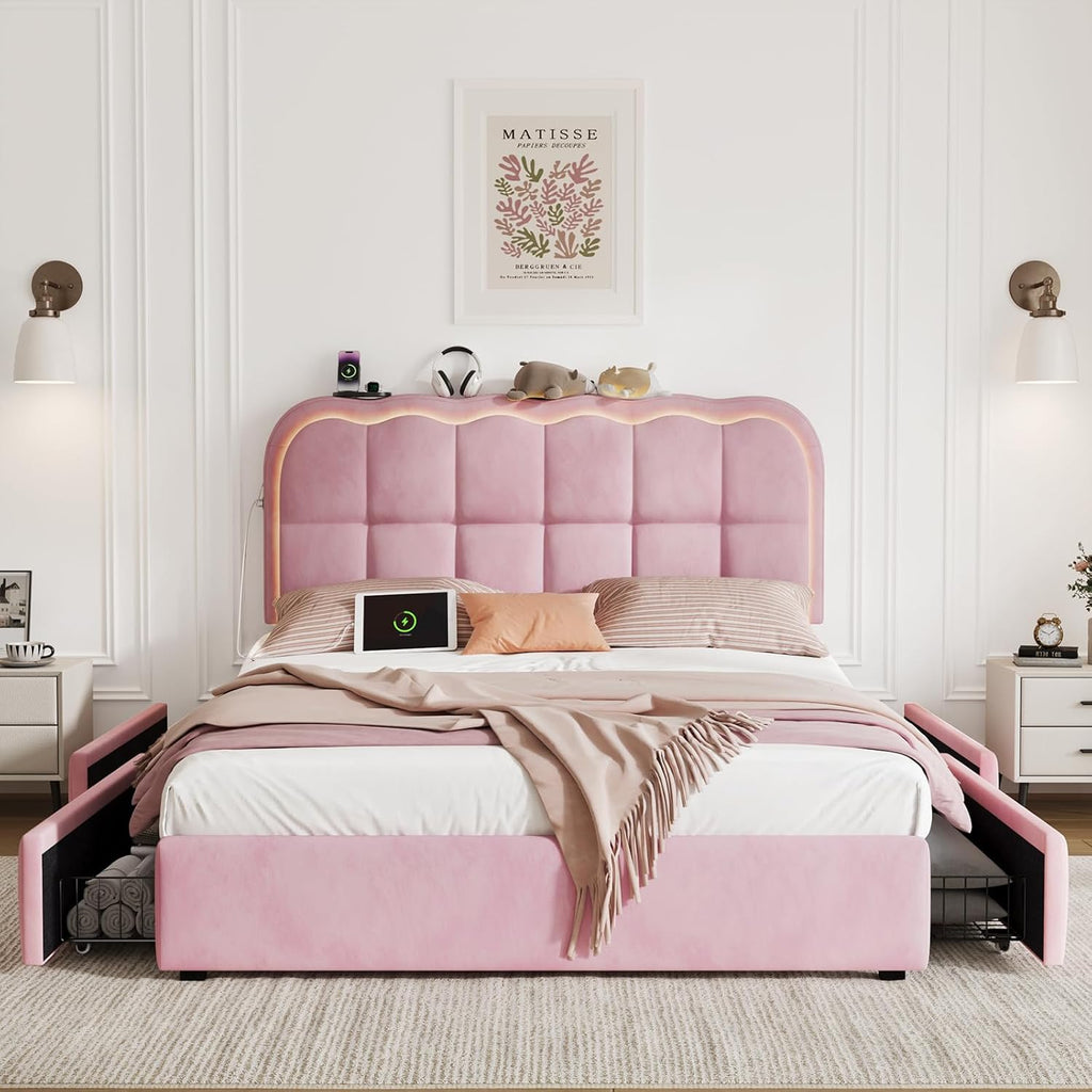 CypBed Full Size Bed Frame with 4 Storage Drawers & LED Lights, Velvet Upholstered Platform Bed Frame with Charing Station and Adjustable Headboard, Wood Slats Support, No Box Spring Needed, Pink