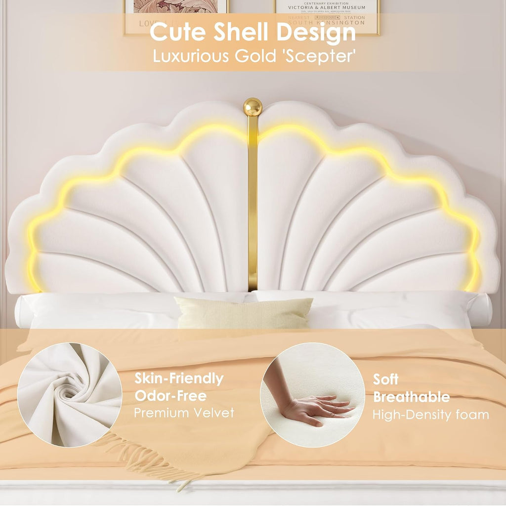 Keyluv Full Princess Bed Frame with Storage Drawers, Soft Velvet Upholstered LED Platform Bed with Adjustable Modern Shell Headboard, No Box Spring Needed, Noise-Free, Beige