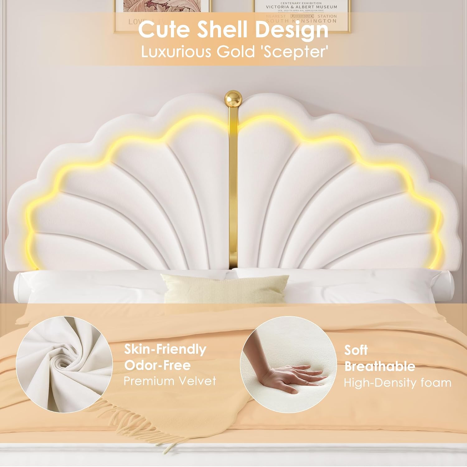 Keyluv Full Princess Bed Frame with Storage Drawers, Soft Velvet Upholstered LED Platform Bed with Adjustable Modern Shell Headboard, No Box Spring Needed, Noise-Free, Beige