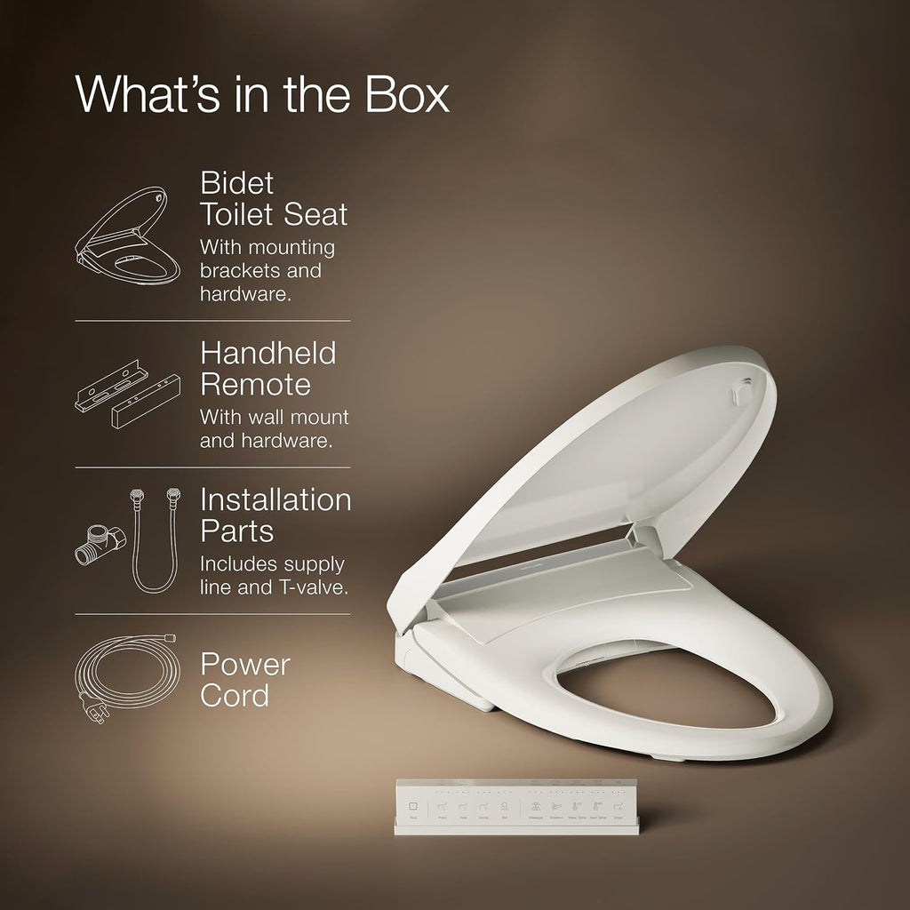 Kohler PureWash E930 Elongated Heated Bidet Toilet Seat, Biscuit with Remote Control, Warm Water Bidet for Existing Toilets with Dryer, Adjustable Sprayer