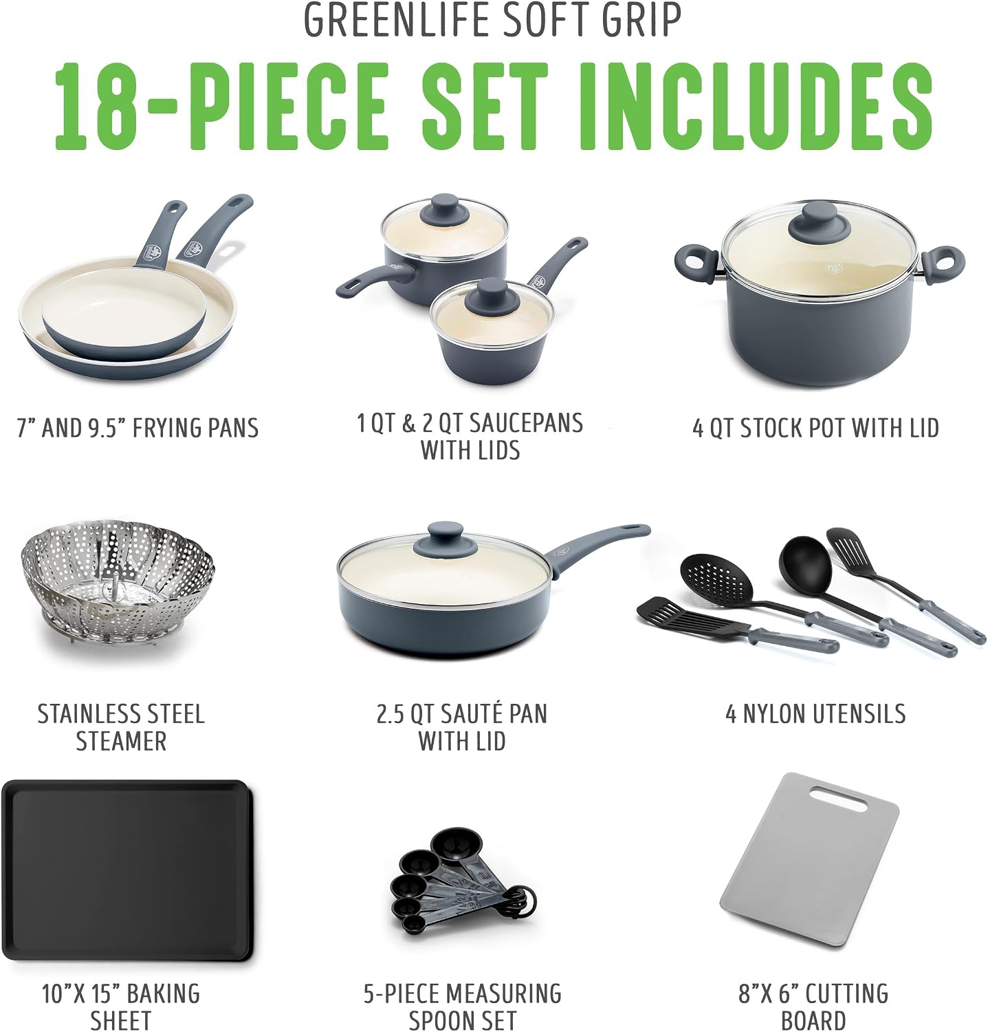 GreenLife Soft Grip Healthy Ceramic Nonstick 18 Piece Kitchen Cookware Pots and Frying Sauce Saute Pans Set, PFAS-Free with Kitchen Utensils and Lid, Dishwasher Safe, Gray