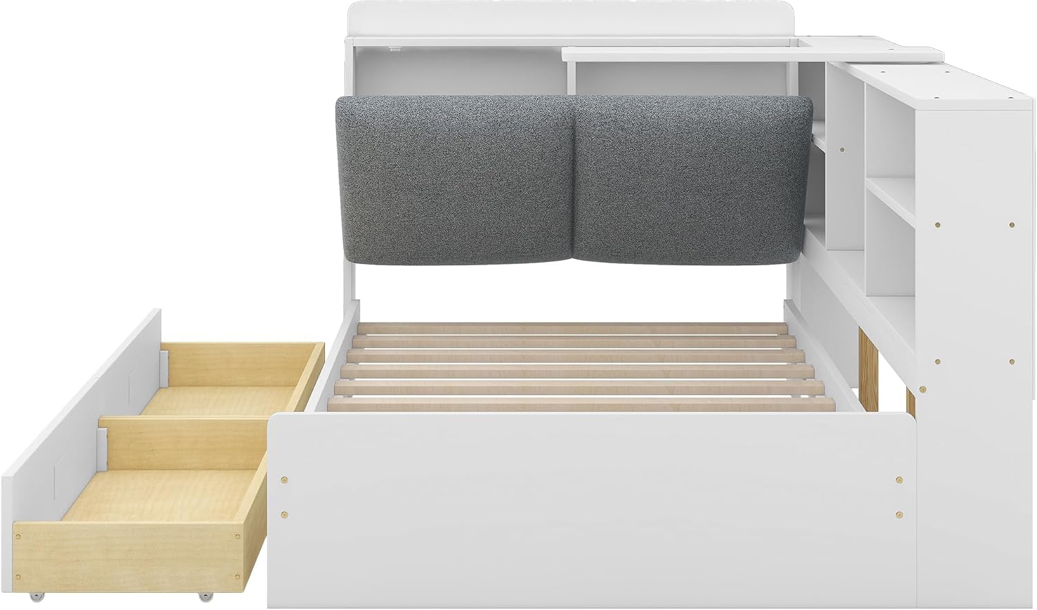 Harper & Bright Designs Twin Size Daybed with 2 Storage Drawers and Bookcase,Wood L Shaped Twin Platform Bed Frame with Shelves, Twin Sofa Bed Frame with Slats Support, No Box Spring Needed, White