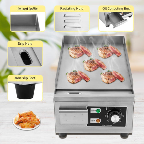 1300W Commercial Electric Griddle, 15in Countertop Grill with Non-Stick Flat Top, Adjustable Temperature Control 122°F-572°F, Stainless Steel Large Grill for Restaurant/Shop