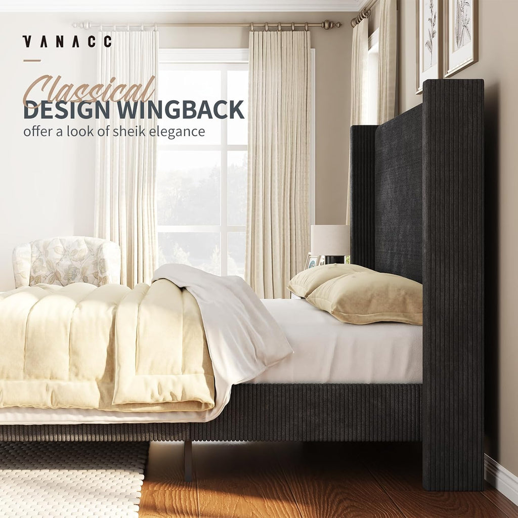VanAcc King Size Platform Bed Frame, 50.8' Corduroy Upholstered Bed with Vertical Channel Tufted Headboard/Wooden Slats/Wingback/No Box Spring Required/Black