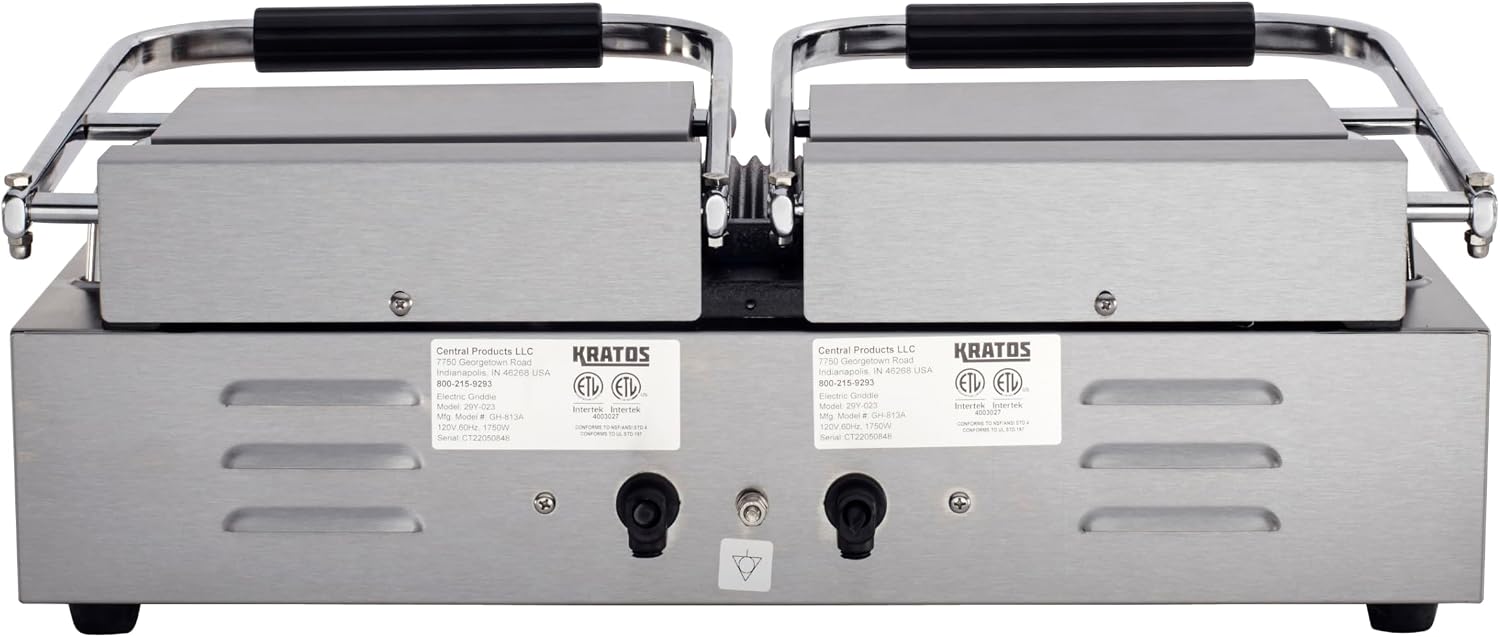 Kratos Commercial Electric Panini Sandwich Grill with Grooved Plates, 18.7' x 9' Cooking Surface, Commercial Countertop Panini Press, 120V, 3500W (29Y-023)