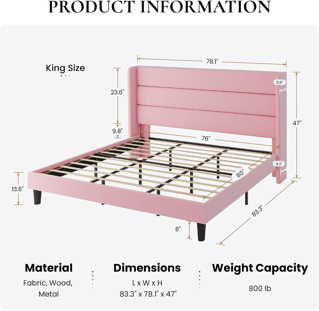 SHA CERLIN King Size Velvet Bed Frame with Wingback Headboard/Upholstered Platform Bed with Wooden Slats/Mattress Foundation/No Box Spring Needed/Easy Assembly/Pink