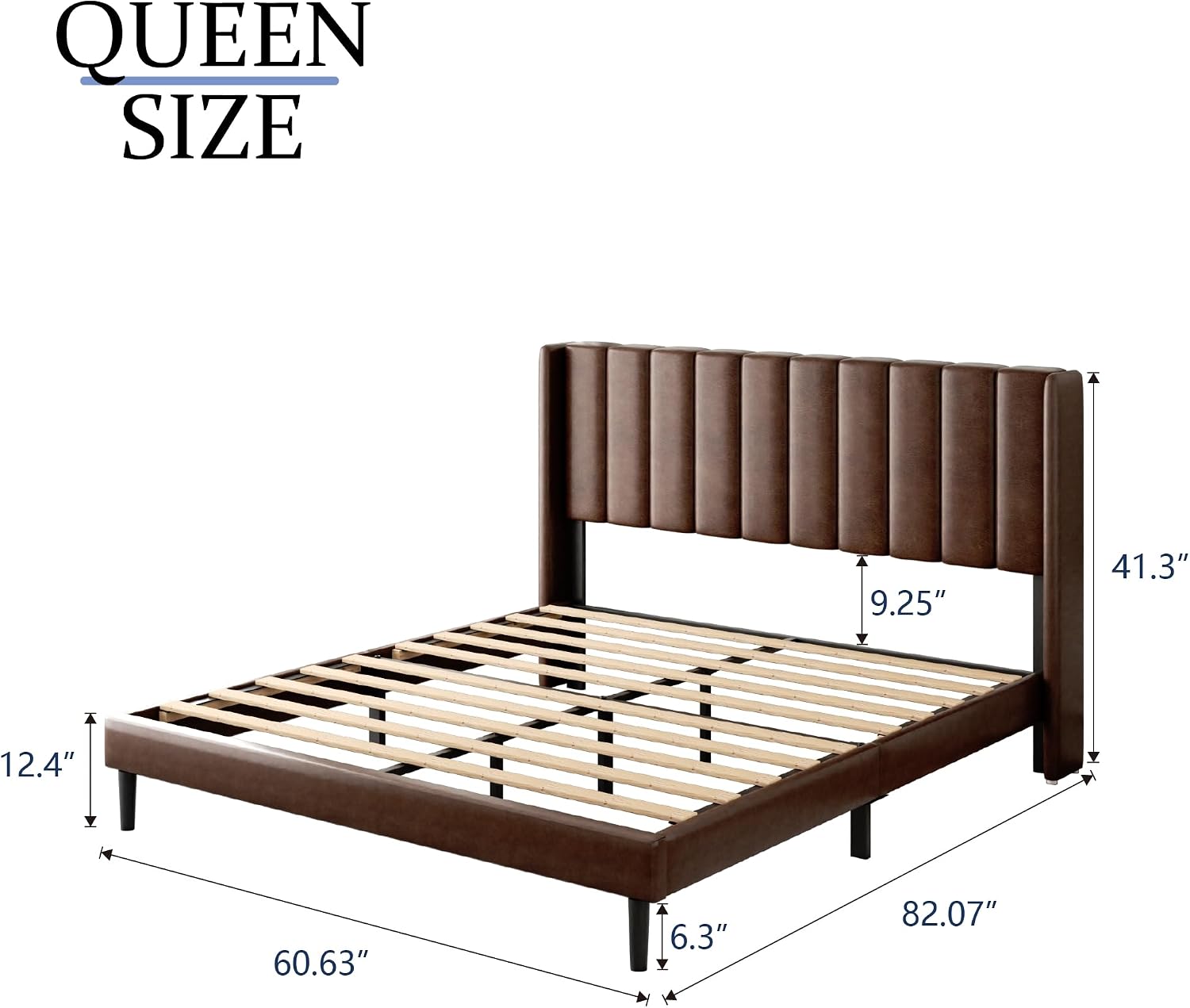 Gruwans Queen Size Bed Frame with Upholstered Wingback Headboard, Easy Assemnly Platform Bed, Wooden Slat Support No Box Spring Needed, Dark Brown Leather