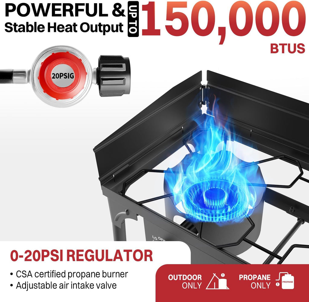 2 Burner Propane Camp Stove | High Pressure 150,000 BTU Gas Burners with Windscreen | Cover | Detachable Legs | 0-20 PSI Regulator | Ideal for Camping Backyard Outdoor Cooking