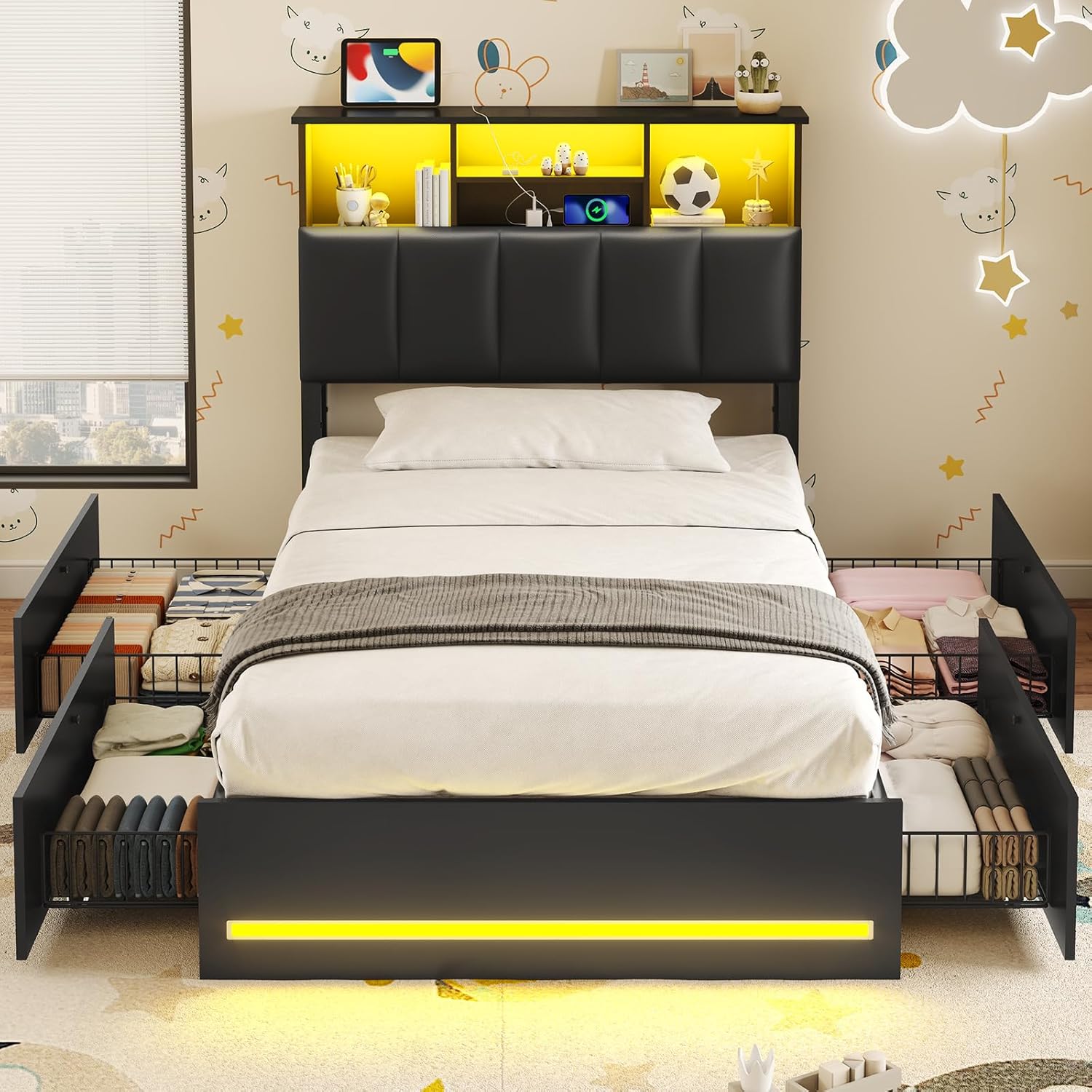VIAGDO Twin Bed Frames with Bookcase Headboard, Wooden Bed Frame Twin Size with Charging Station, 4 Storage Drawers and LED Lights, LED Bed Frame with Type-C and USB, No Box Spring Needed, Black