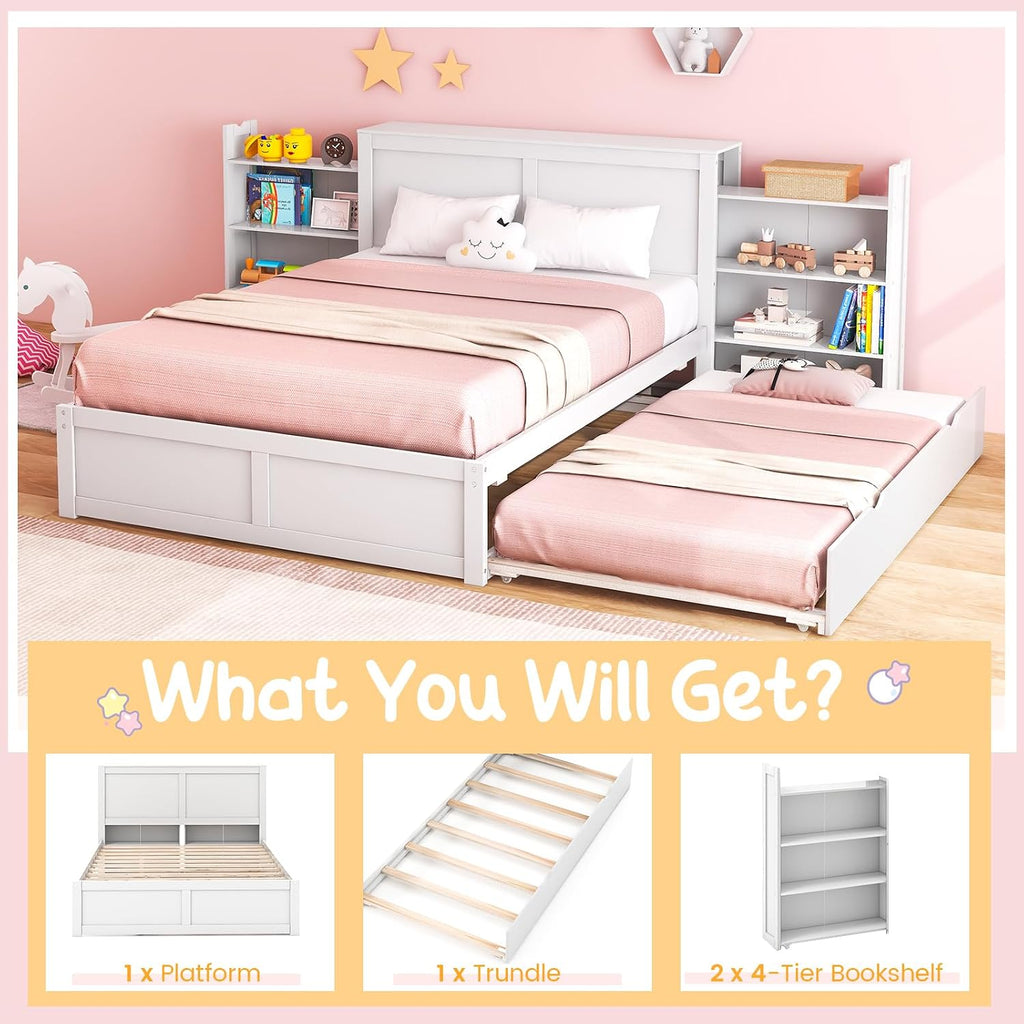Giantex Full Size Bed Frame with Twin Trundle, Wooden Storage Platform Bed with 2 Rolling Bookcases & Headboard, Full Bed Frames for Kids, No Box Spring Needed, White