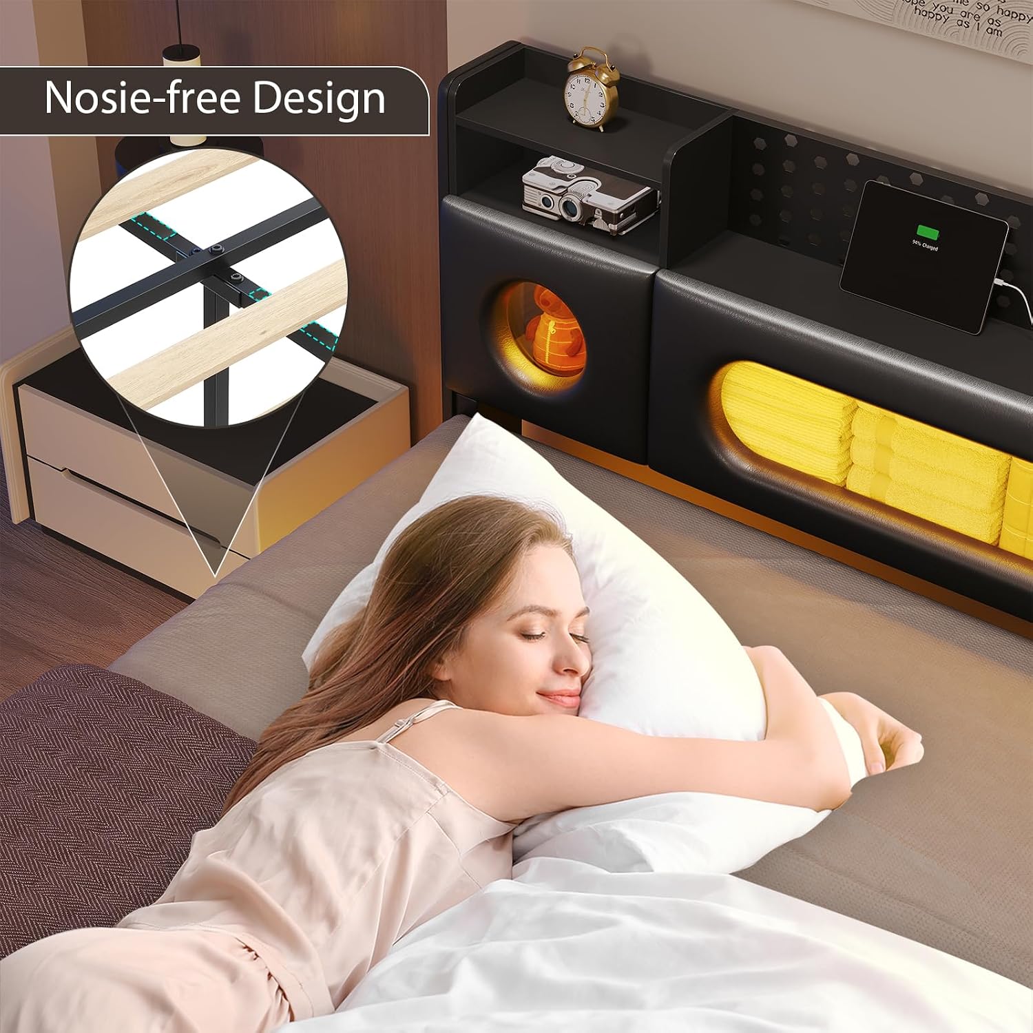 King Size Bed Frame with Storage Headboard, Floating Bed Frame King with Storage & Charging Station, King Size Bed with LED Lights,Platform Bed No Box Spring Needed, Noise-Free, Easy Assembly,PU Black