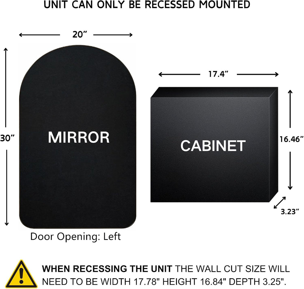 Matt Black Arched Recessed Bathroom Medicine Cabinet with Mirror Stainless Steel Metal Framed Rectangular Bathroom Cabinet with Mirror 20x30''