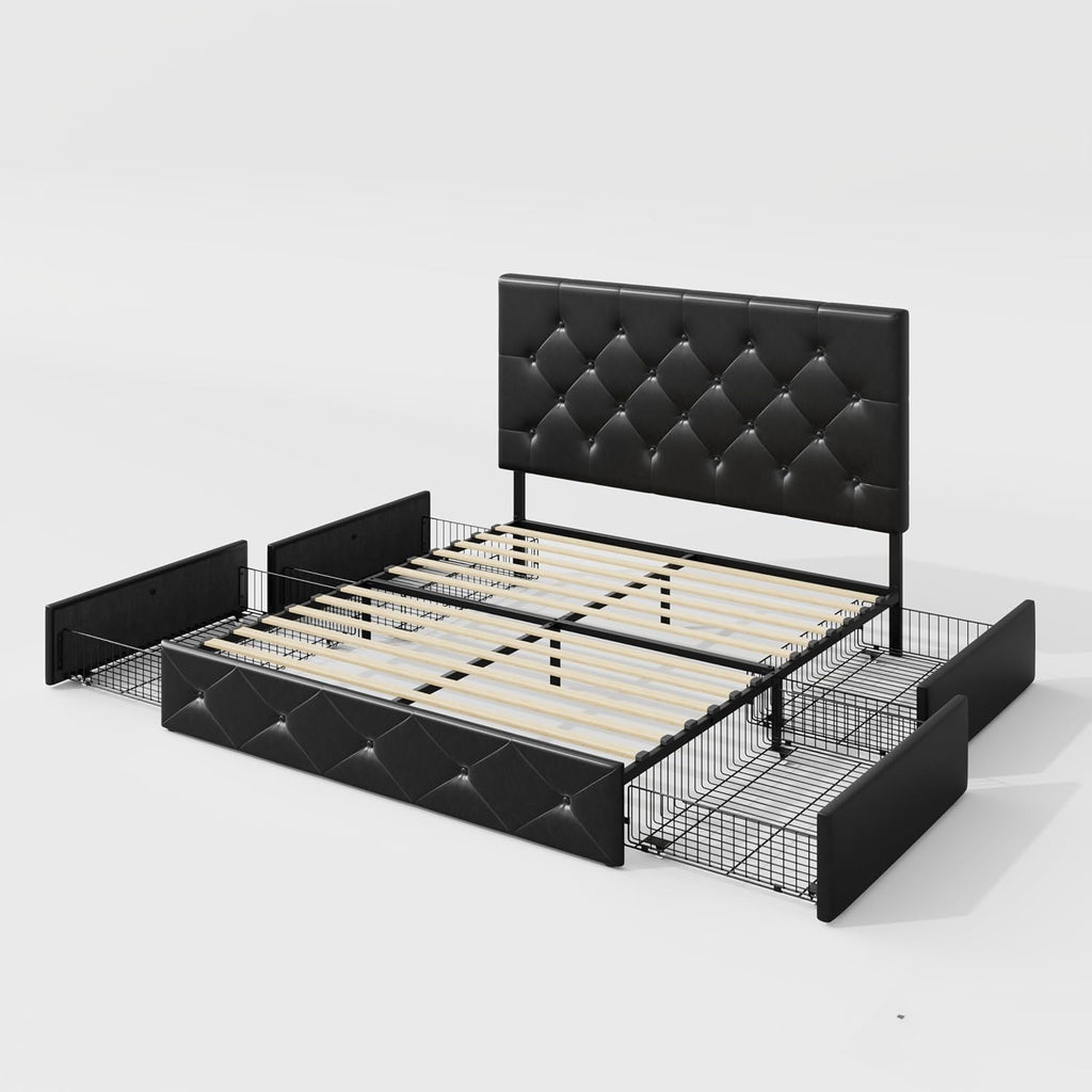 Allewie Upholstered Queen Size Platform Bed Frame with 4 Storage Drawers and Headboard, Diamond Stitched Button Tufted, Mattress Foundation with Wooden Slats Support, No Box Spring Needed, Black