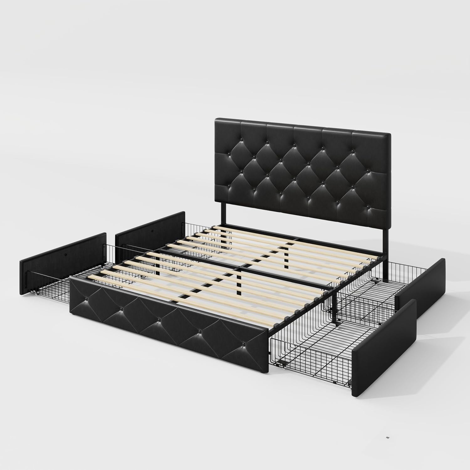 Allewie Upholstered Queen Size Platform Bed Frame with 4 Storage Drawers and Headboard, Diamond Stitched Button Tufted, Mattress Foundation with Wooden Slats Support, No Box Spring Needed, Black