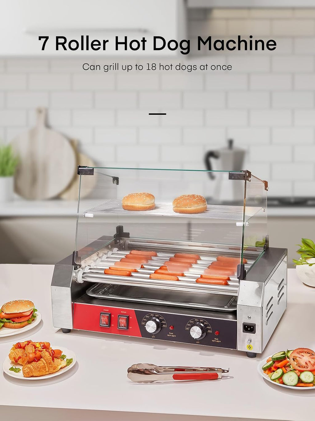 HOUSNAT Hot Dog Roller, 7 Rollers 18 Hot Dog Capacity,1050W Stainless Steel Hot Dog Machine with Bun Shelf, Drip Tray, Glass Cover & Dual Temp Control for for Kitchen, Party, and Canteen Use