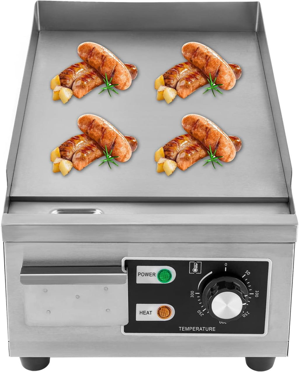1300W Commercial Electric Griddle, 15in Countertop Grill with Non-Stick Flat Top, Adjustable Temperature Control 122°F-572°F, Stainless Steel Large Grill for Restaurant/Shop