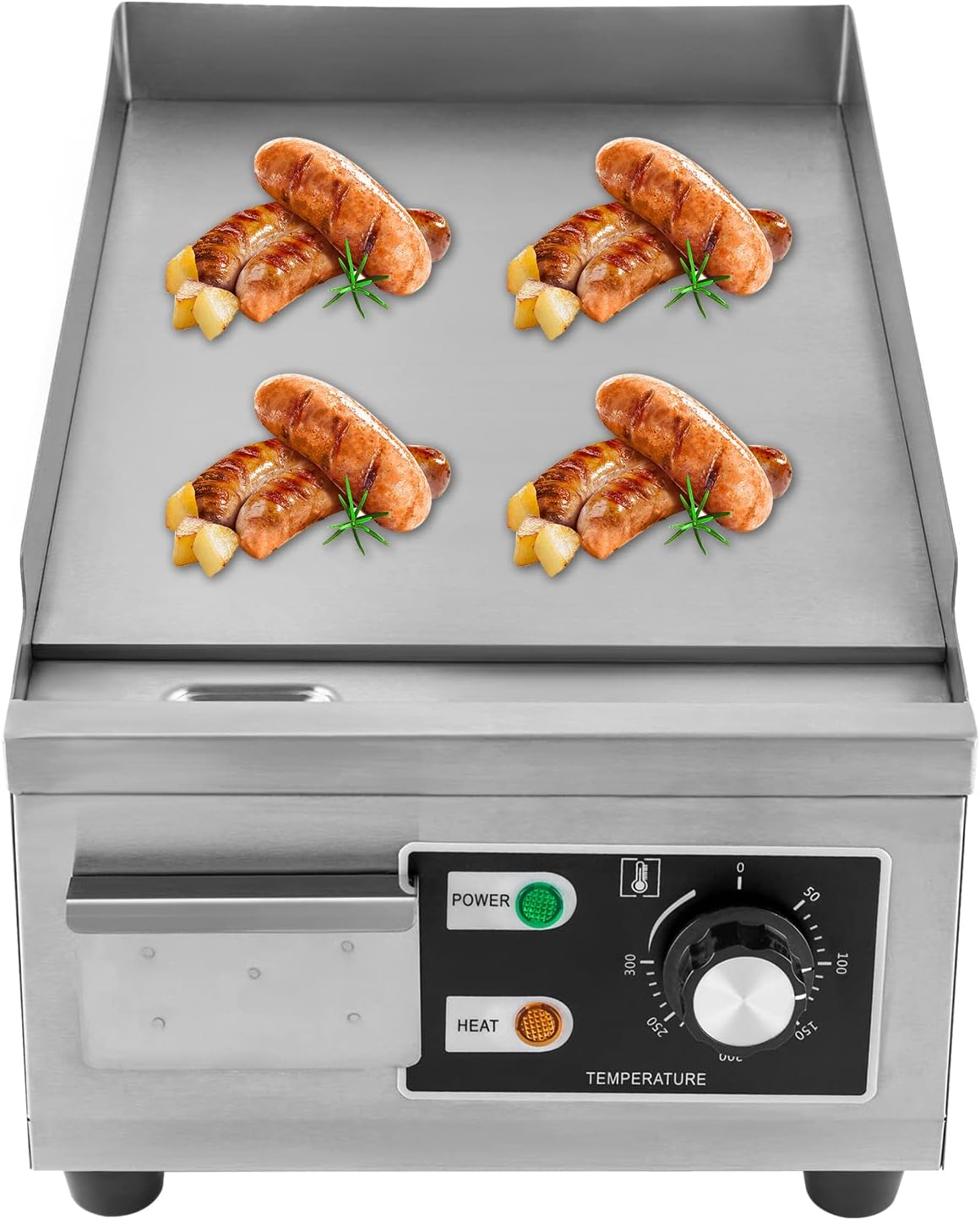 1300W Commercial Electric Griddle, 15in Countertop Grill with Non-Stick Flat Top, Adjustable Temperature Control 122°F-572°F, Stainless Steel Large Grill for Restaurant/Shop