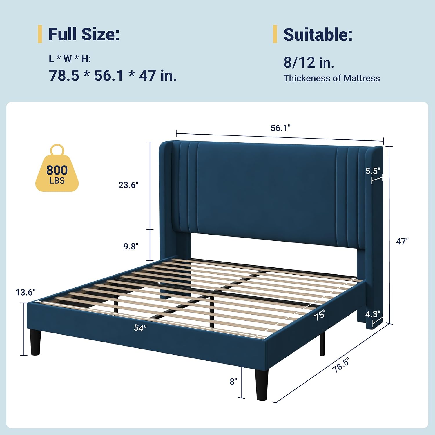 Allewie Full Size Velvet Platform Bed Frame with Vertical Tufted Wingback Headboard, Easy Assembly, Under Bed Storage, No Box Spring Required, Modern Style, Blue