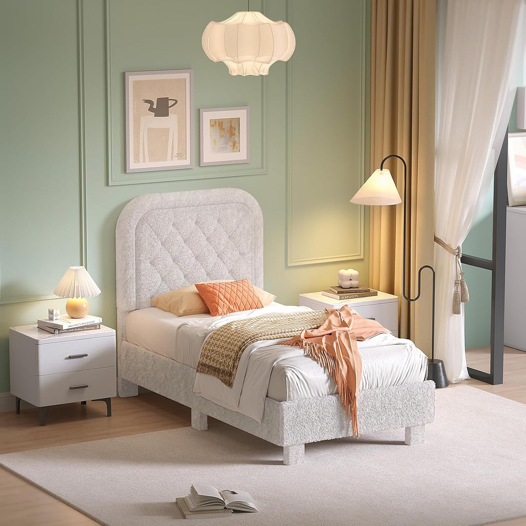 VINGLI Twin Bed Frame Set of 2 with Headboard,Cloud Bed with Rounded Corners, Cream Design,Boucle Upholstered Platform Soft Bed with Sturdy Wood Slats Support,for Kids Teens Adults, White