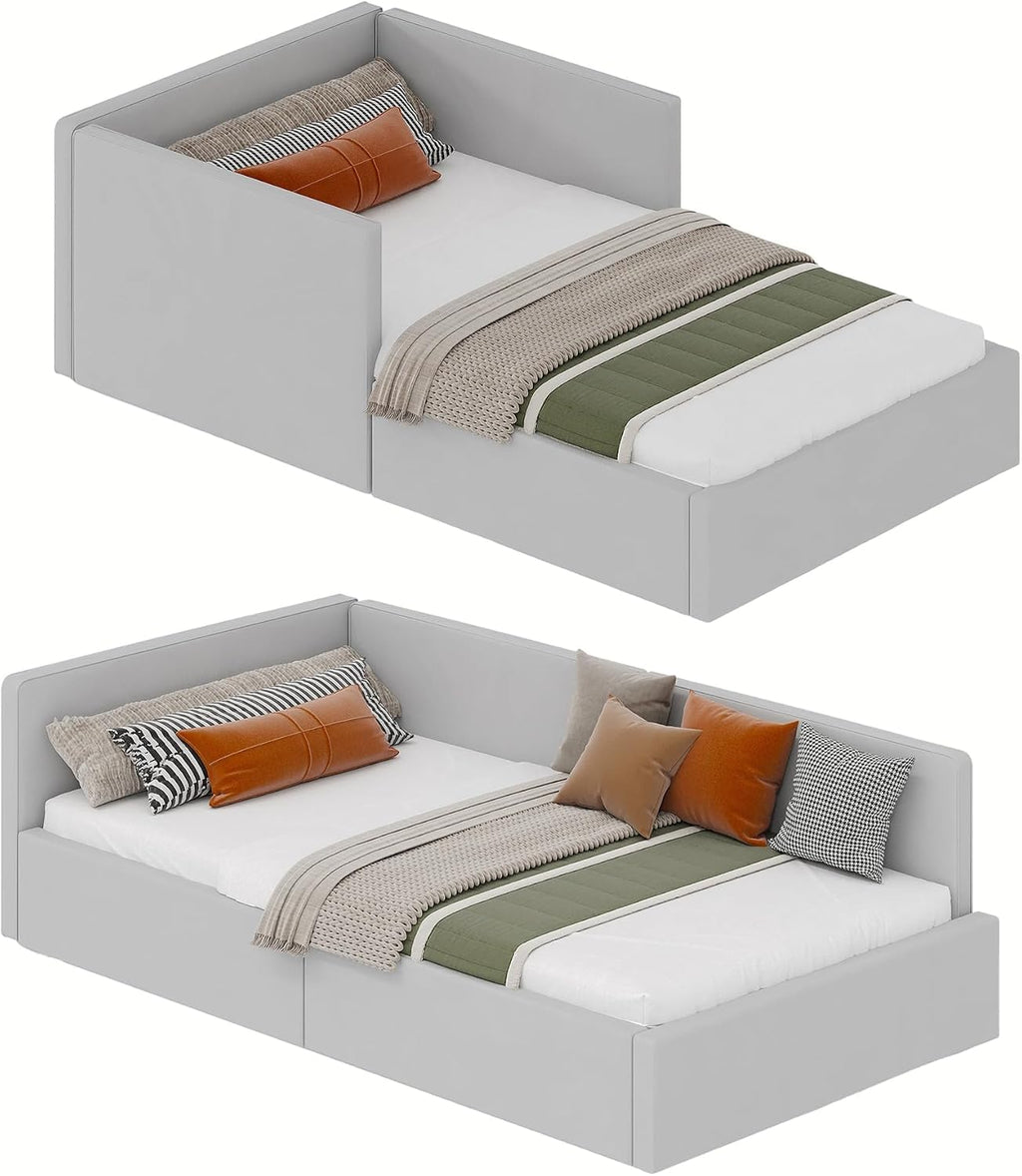 GarveeHome Twin Daybed with Bed Rails, Velvet Upholstered Corner Bed Frame with Headboard, Modern Kids Bed with Guardrail for Living Room, Bedroom, Easy Assembly, Light Grey
