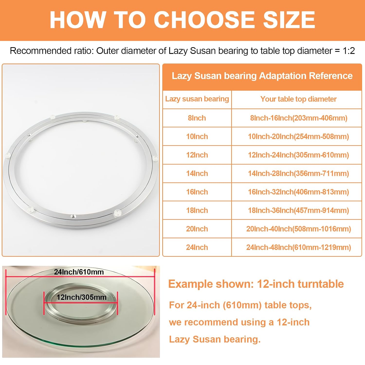 TamBee 24 Inch Lazy Susan Hardware Turntable Bearing 380 lbs Load Capacity Heavy Duty Lazy Susan Parts Kit Rotating Ring Mechanism for Dining Tables, DIY Projects(Base Only)