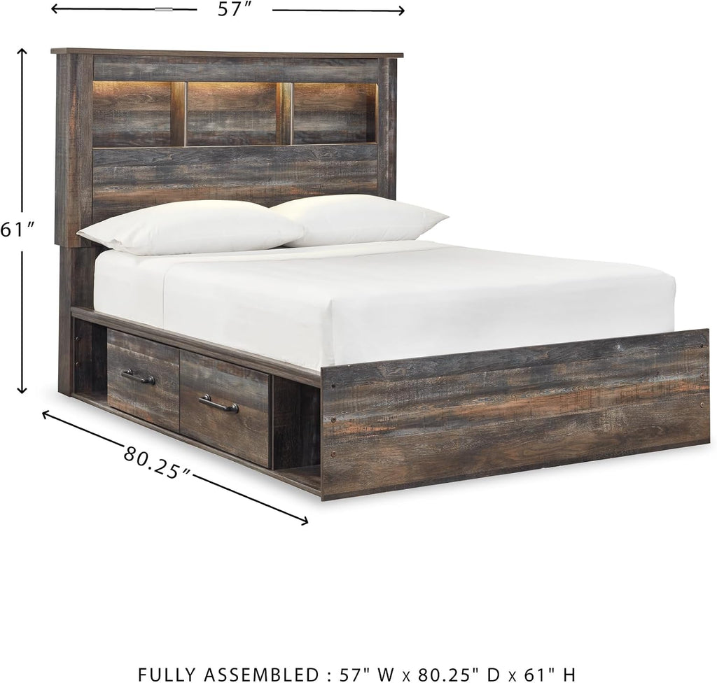 Signature Design by Ashley Drystan Rustic Full Bookcase Bed with 2 Storage Drawers, Open Cubbies and LED Light, Foundation or Box Spring Not Needed, Dark Brown & Gray