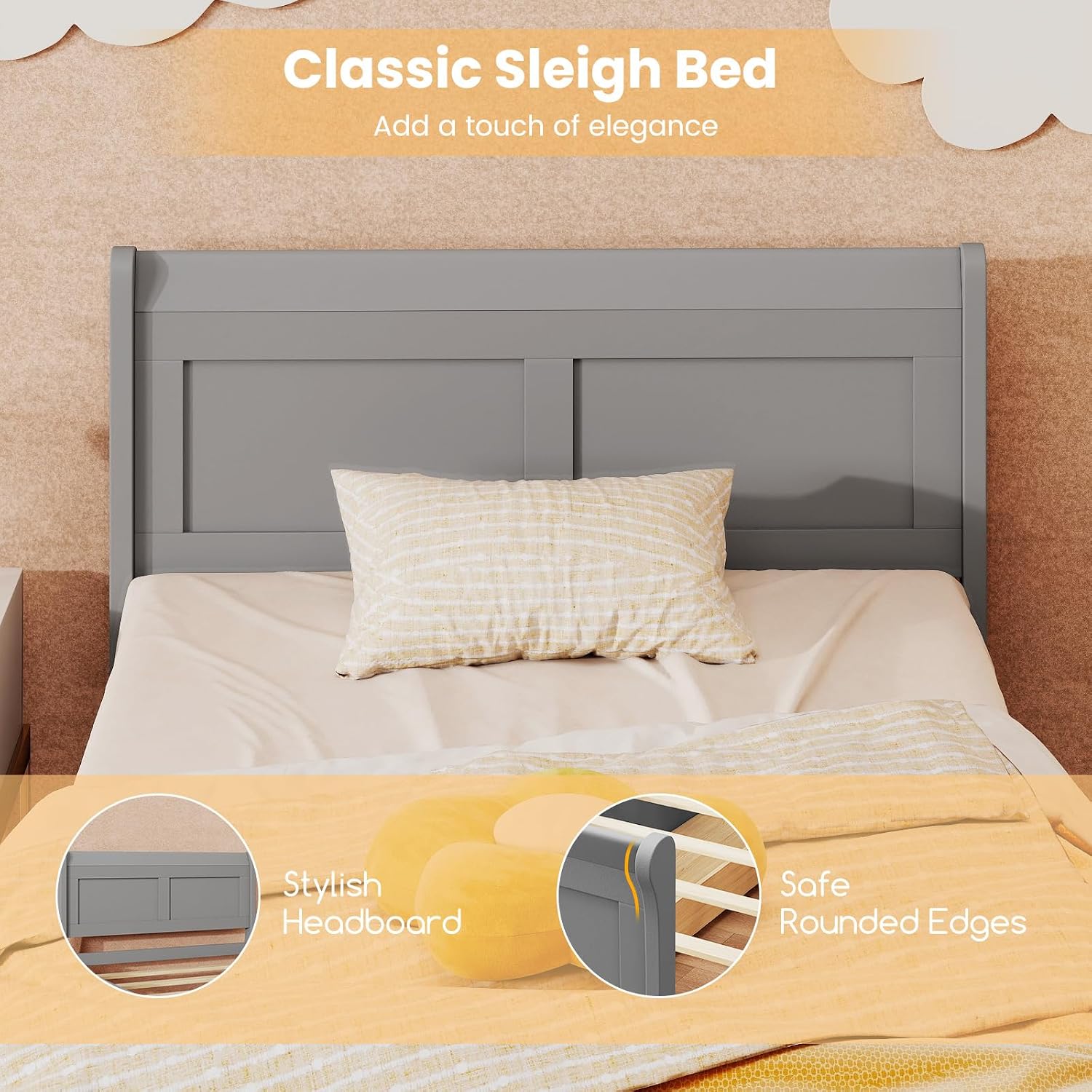 KOMFOTT 2 Twin Bed with 2 Drawers, Twin Storage Bed with Headboard for Bedroom, Sleigh Wood Bed Frame with Wooden Slats Support for Kids, Teens, Adults, No Box Spring Needed (Grey)