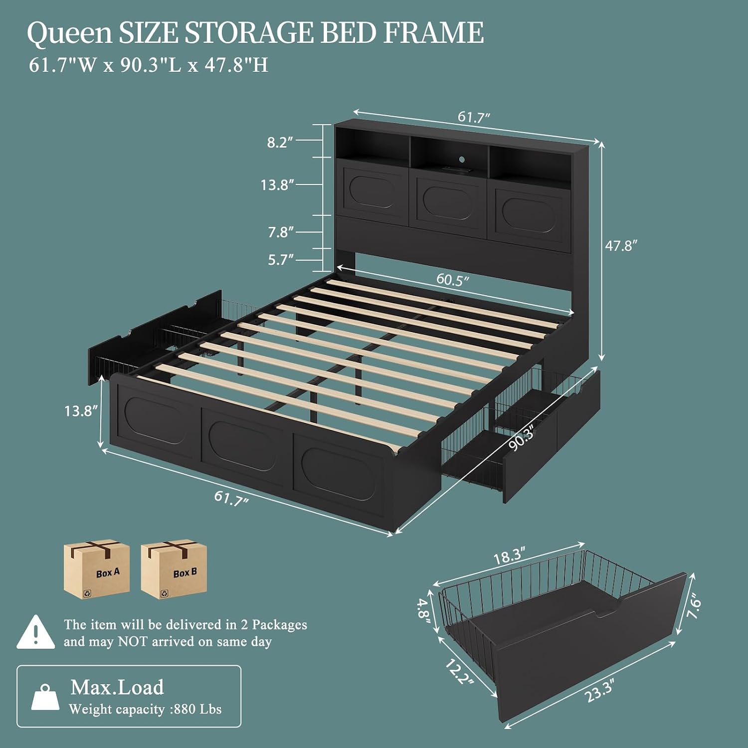 2 Pieces Bedroom Set, Queen Size Bed Frame with Storage Headboard, Nightstand with Charging Station, Black