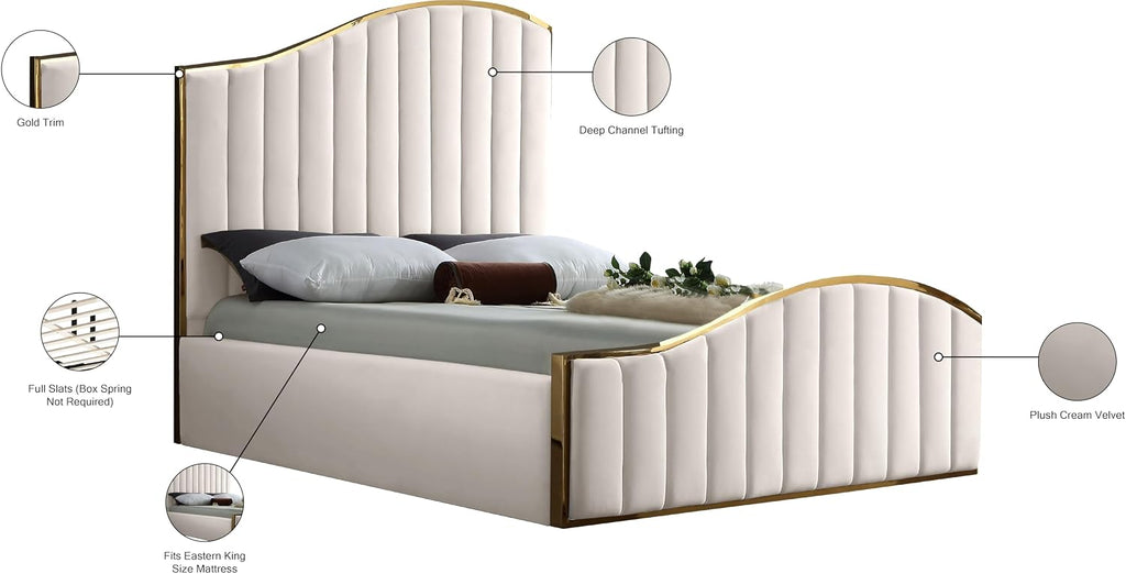 Meridian Furniture Jolie Collection Modern | Contemporary Velvet Upholstered Bed With Channel Tufting, And Polished Gold Metal Frame, Cream, King