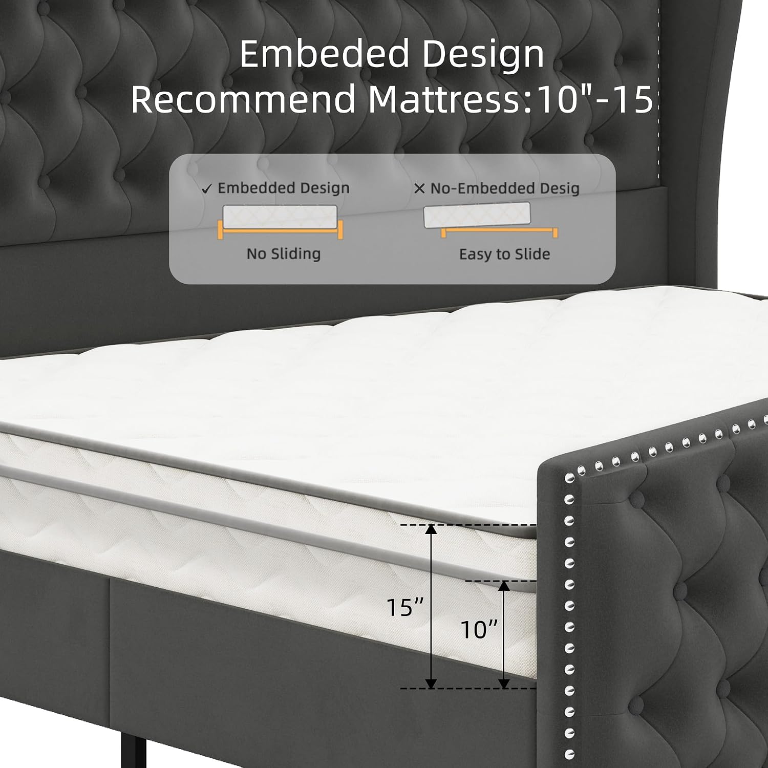 BRELTAM Upholstered Queen Size Bed Frame Velvet Tufted Platform Bed Frame with Wingback Headboard & Footboard, with Deep Button Tufted & Nailhead Wooden Slats Support, No Box Spring Needed,Grey