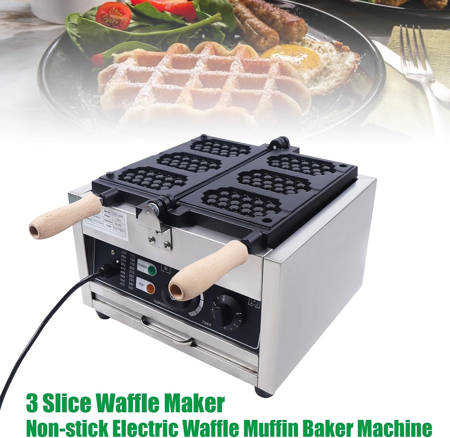Waffle Making Machine, 110V 1500W Commercial Waffle Maker Electric Stainless Steel Rotatable Double-Head Heating Waffle Making for Tea Shops, Snack Bars, Dessert Shops (3 Grids 110V 1500W)