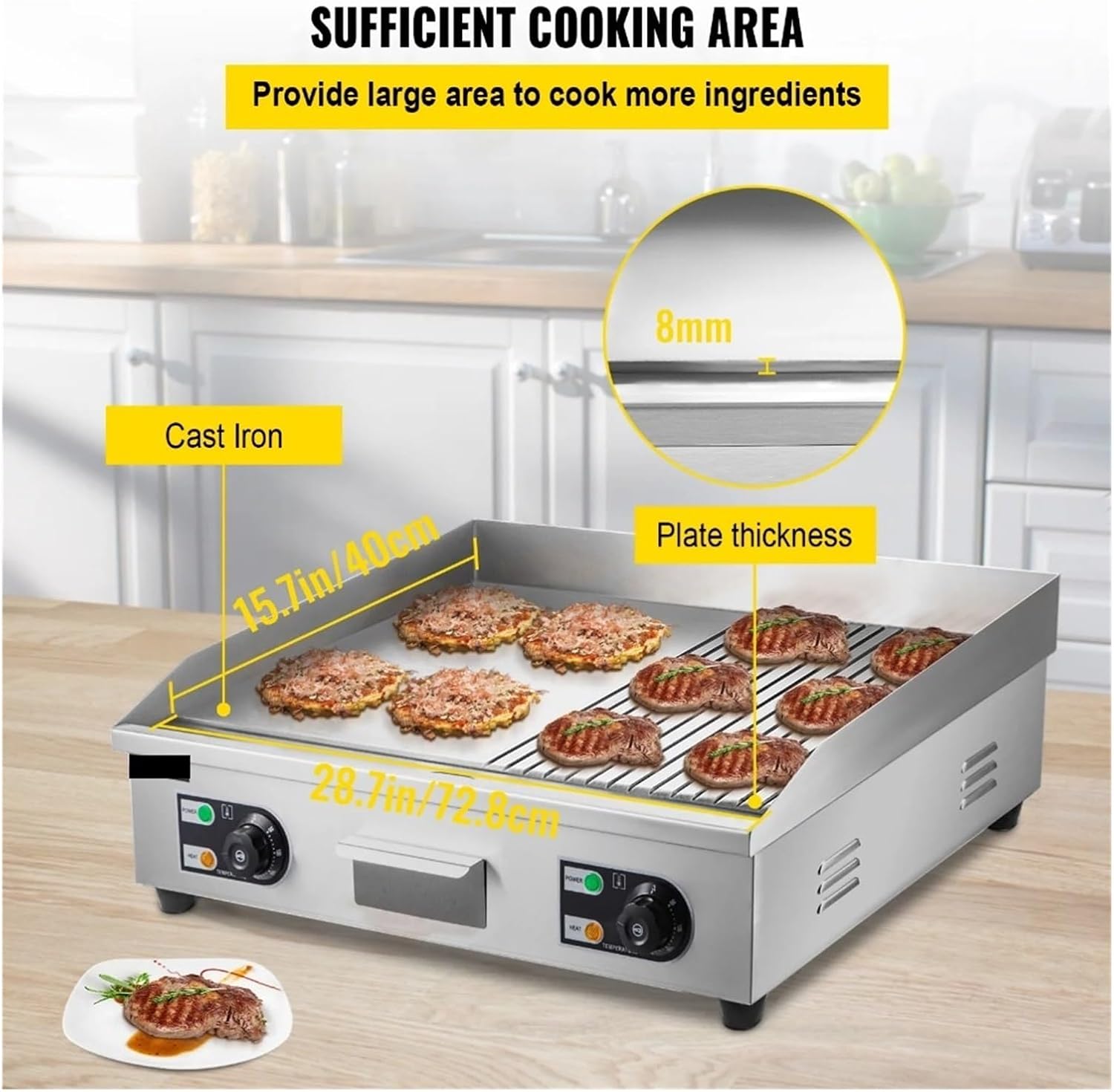 Electric Griddle Grill,Stainless Steel Flat Top Grill,Teppanyaki Grill With Adjustable Temperature Control 122°F-572°F