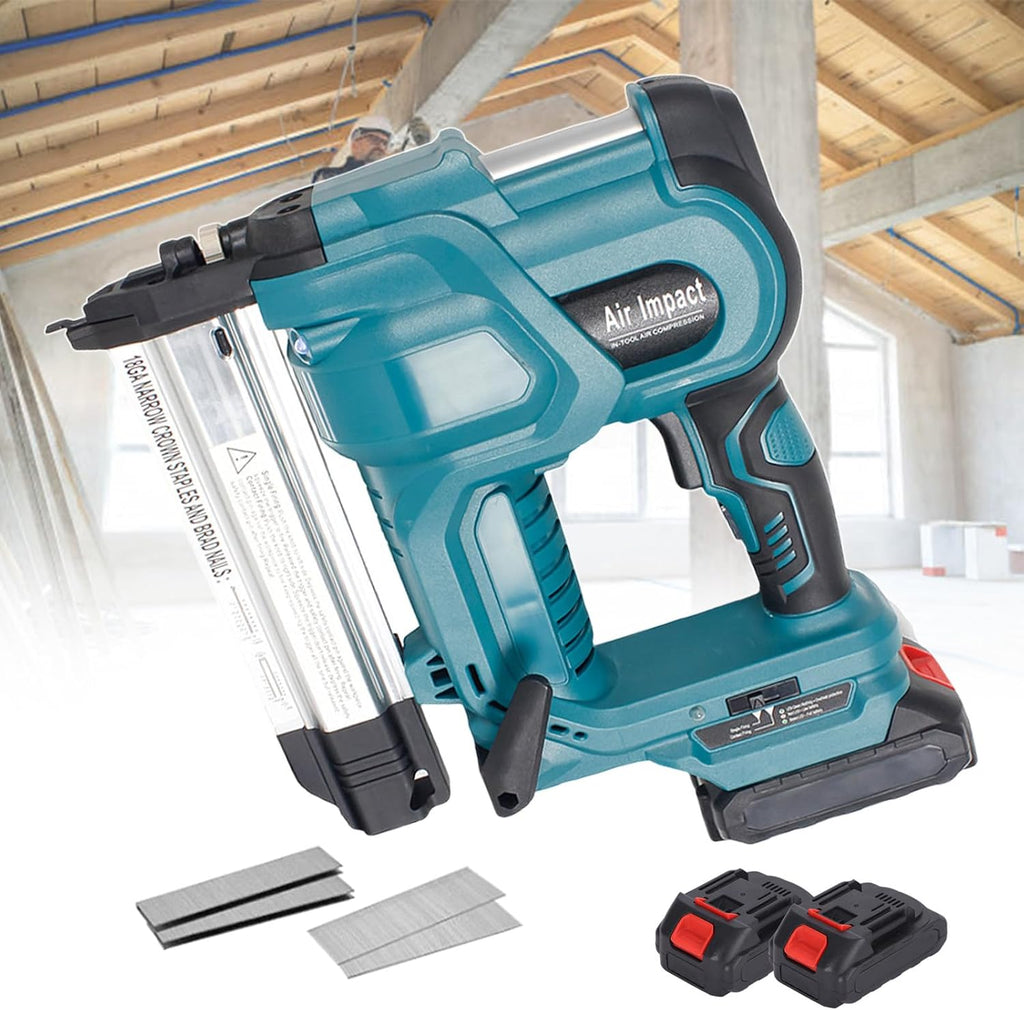 2 in 1 Brad Nailer Battery Powered, Electric Nailing Machine with 200 Pcs Straight Nails & Staples, Brad Nailer with 2 * 2.0 Ah Batteries, for Home Improvement & Woodworking Blue