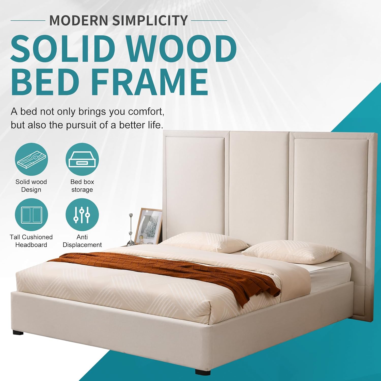 YUHUASHI King Size Bed Frame with 64-inch High Headboard, Simple and Airy Linen Upholstered Platform Bed with Storage Drawers, Wood Slat, No Noise (Beige, King(Hydraulic Lift))