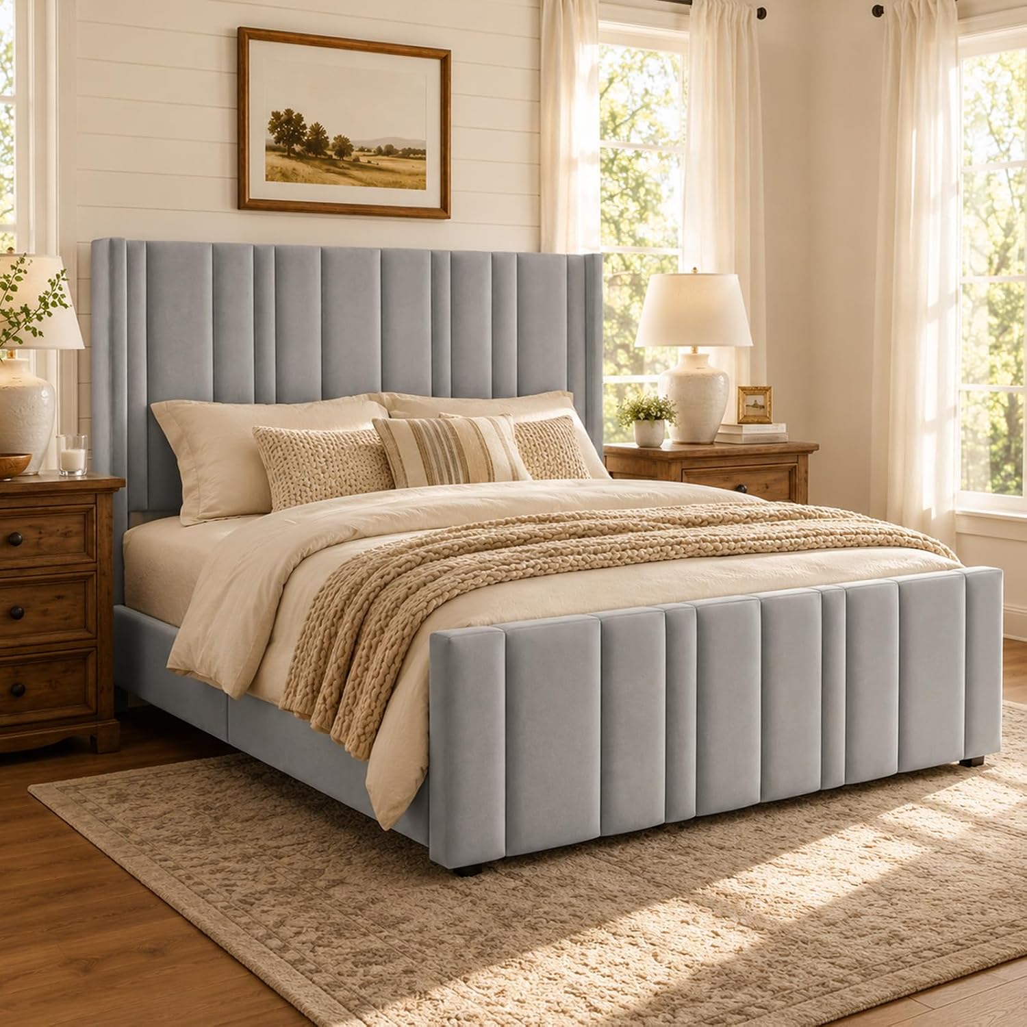 HOMBCK Bed Frame Queen Size, Upholstered Bed Frame Queen with Velvet Headboard & Footboard, Vertical Channel Tufted Design, No Box Spring Needed, Wooden Slats, Noise Free, Easy Assembly, Grey
