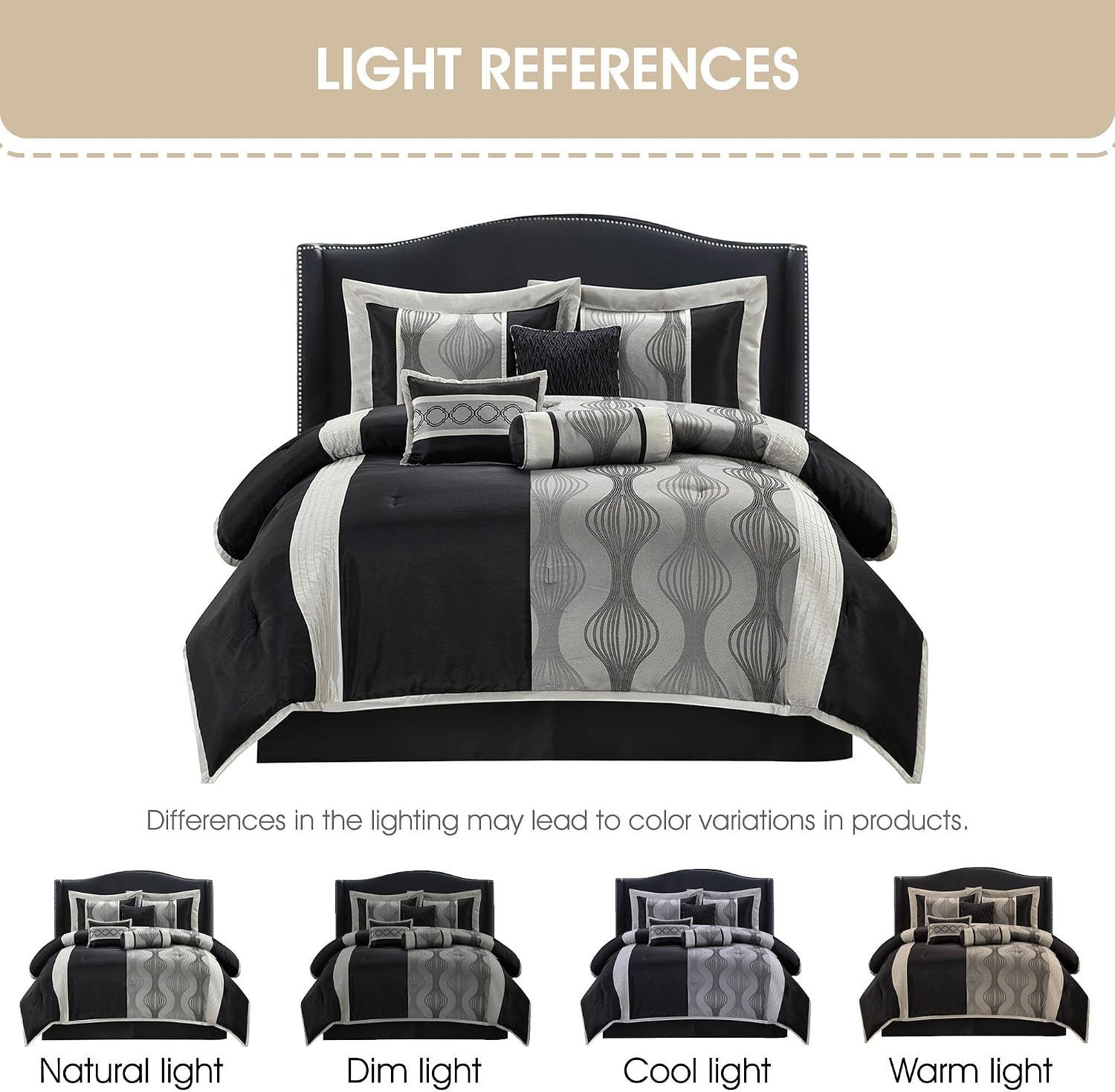 Grand Avenue Black and Silver Comforter Set King Size, 7 Pieces Bedding & Collection, Jacquard All Season Comforter & Pillows, Ultra-Soft Microfiber
