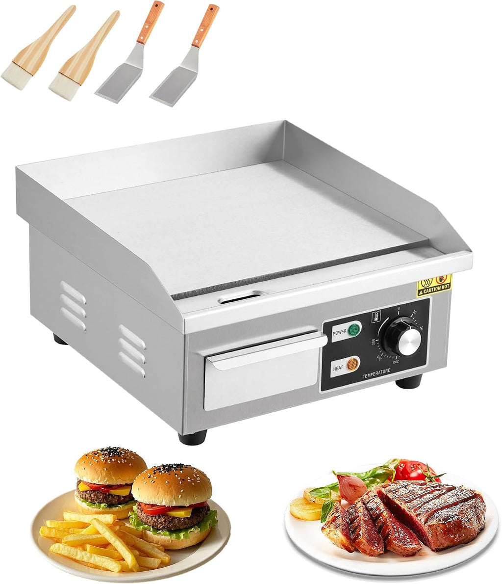 14' Stainless Steel Electric Griddle, 1500W Countertop Griddle with Non-Stick Adjustable Temperature Control 122°F-572°F, Electric Grill Perfect for Indoor Cooking, Camping
