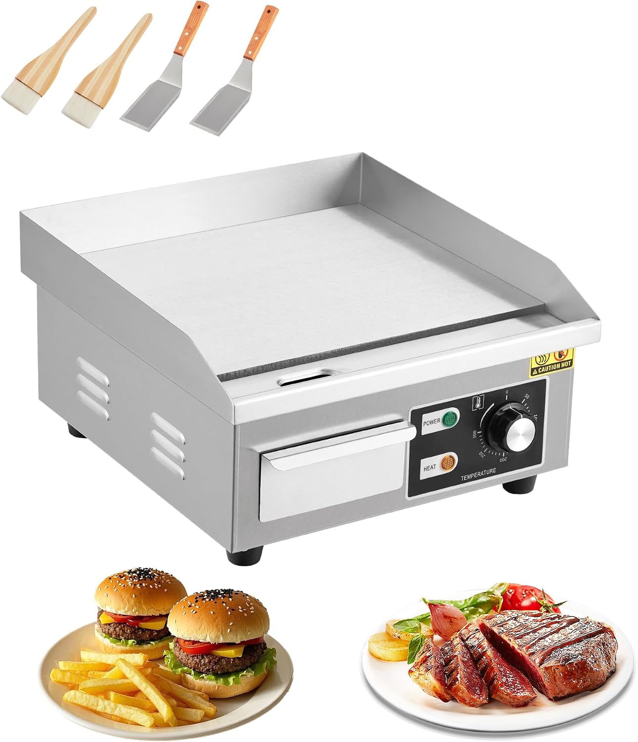 14' Stainless Steel Electric Griddle, 1500W Countertop Griddle with Non-Stick Adjustable Temperature Control 122°F-572°F, Electric Grill Perfect for Indoor Cooking, Camping