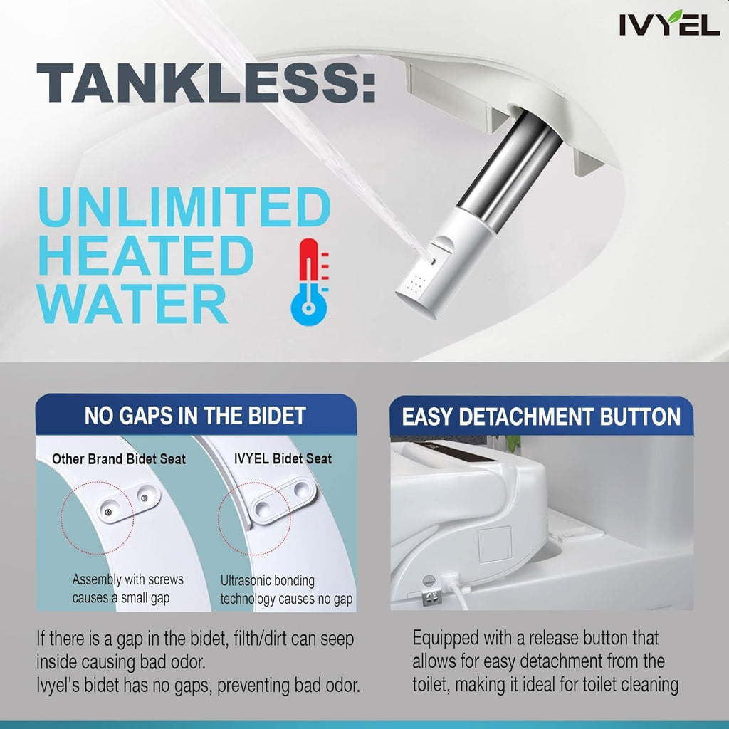 Electric Bidet Seat for Toilet, Round with Remote, Tankless Unlimited Heated Water, Stainless Steel Self-Cleaning Nozzle, Turbo Wash – Ivyel AP-7 REM