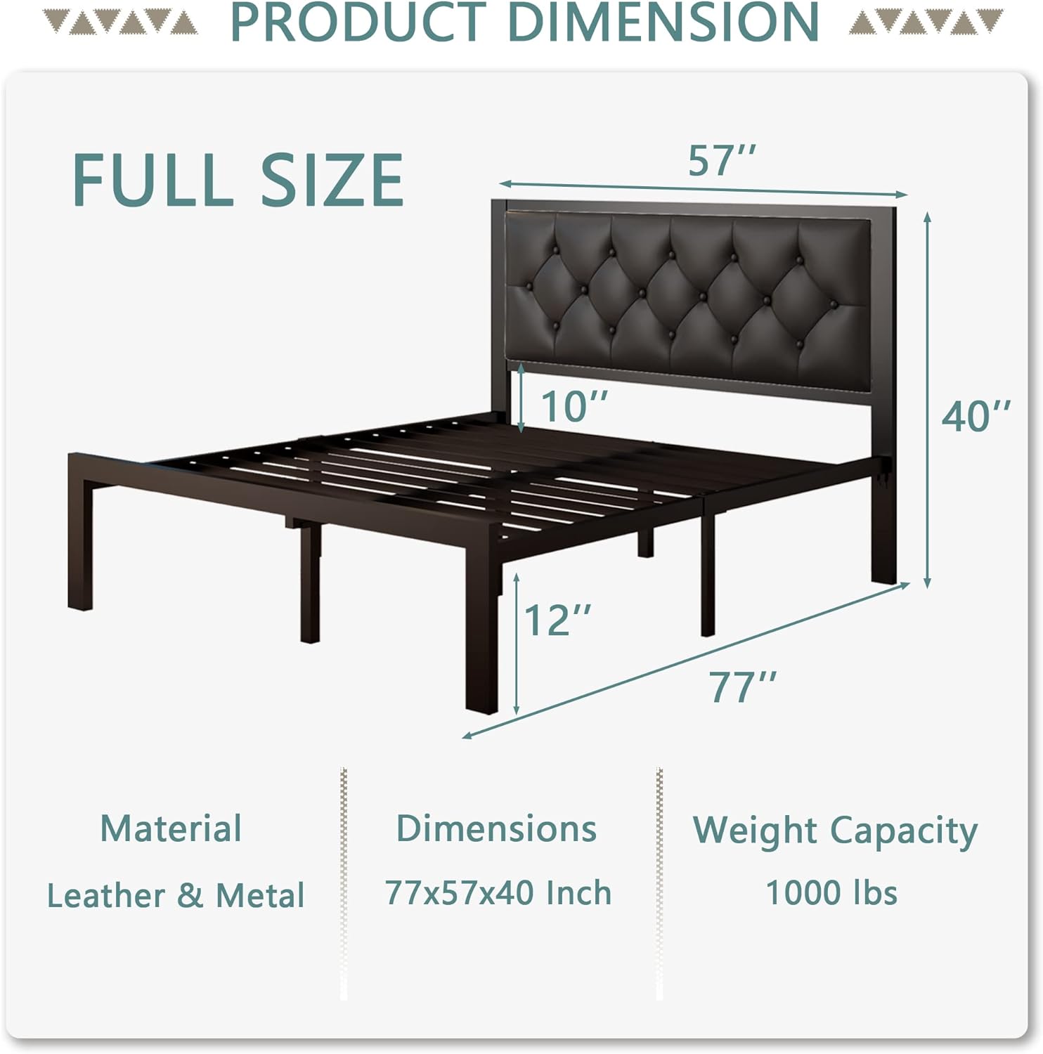 Feonase Full Size Metal Bed Frame with Faux Leather Button Tufted Headboard, Heavy-Duty Platform Bed Frame with 12' Storage, Steel Slats Support, No Box Spring Needed, Noise Free, Black