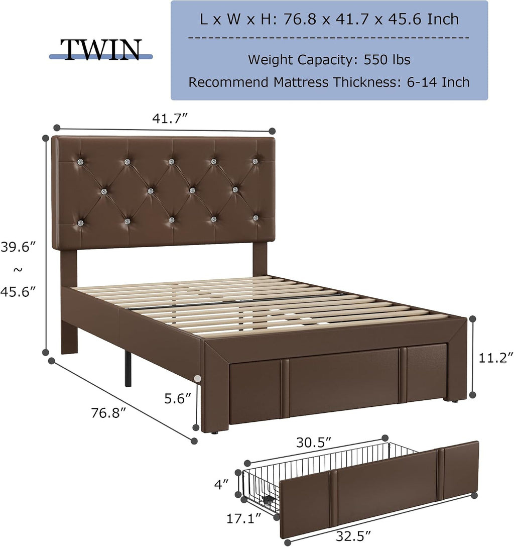 VECELO Twin Size Bed Frame with Storage Drawers, Leather Upholstered with Diamond Tufted Headboard, Solid Wood Slat Support, No Box Spring Needed, PU & Brown
