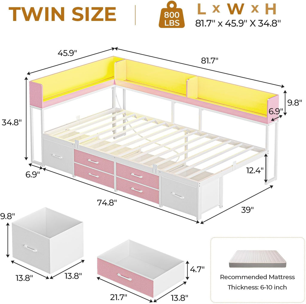 MSmask 14 Inch Corner Bed Frame with Bookcase Storage, Twin Daybed with 6 Drawers, Charging Station and LED Light, Twin Size Metal Platform Bed Frame for Kids Teenagers, Pink